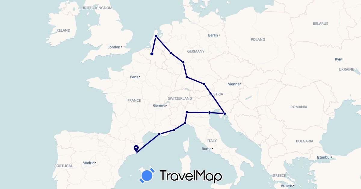 TravelMap itinerary: driving in Belgium, Germany, Spain, France, Croatia, Italy, Monaco, Netherlands (Europe)